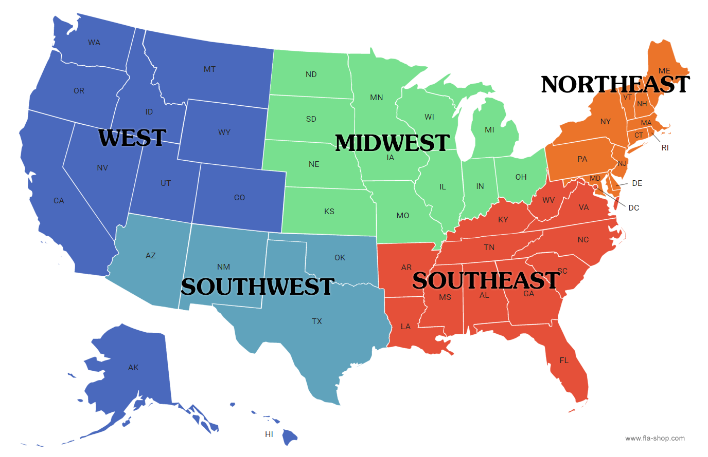 Map showing regions of the USA